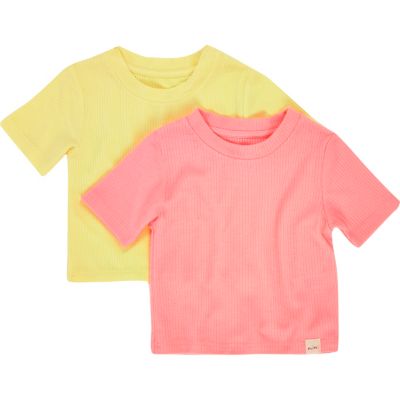 Mini girls yellow ribbed t-shirt set